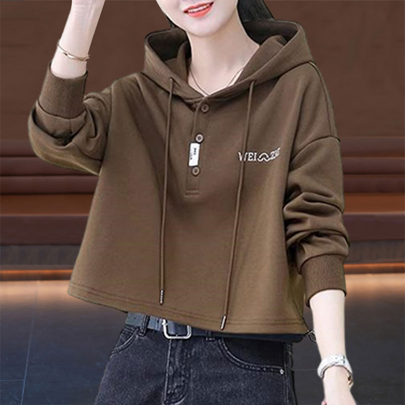 2025春秋新款连帽休闲卫衣女士宽松短款抽绳百搭长袖上衣洋气爆款