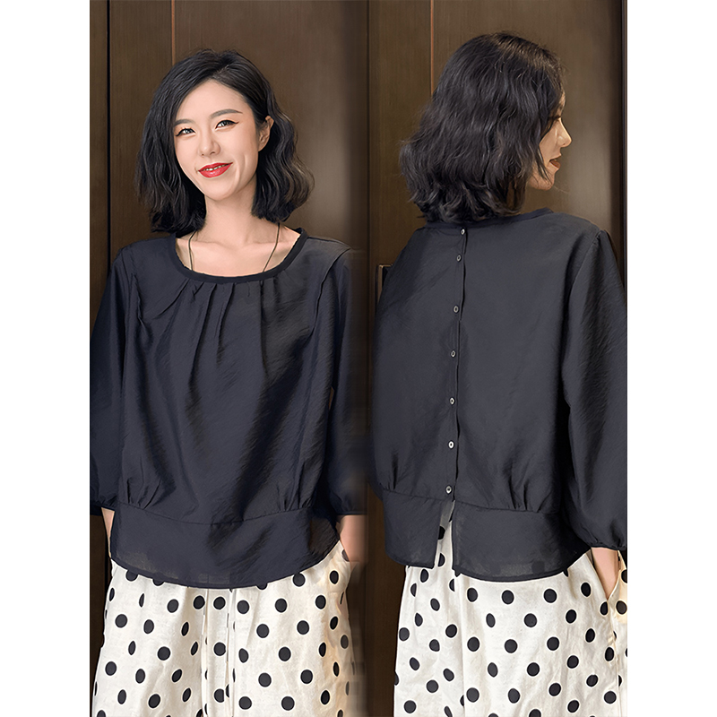 韩版后系扣黑色中袖衬衫女士2025夏季新款设计感小众时尚宽松上衣