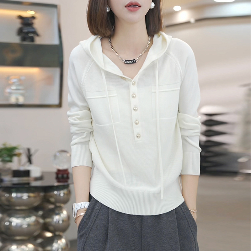 韩系高级感连帽套头针织衫上衣女士2025春秋新款气质显瘦百搭毛衣