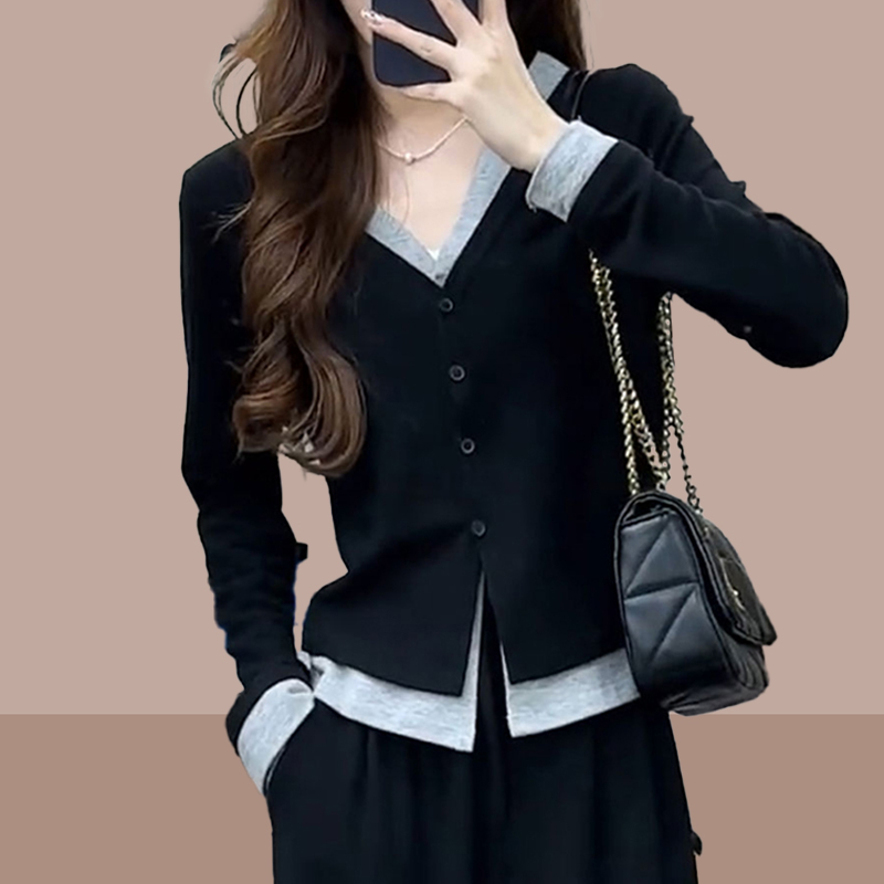 假两件拼接长袖针织衫女士2025春秋新款小个子修身显瘦打底衫上衣