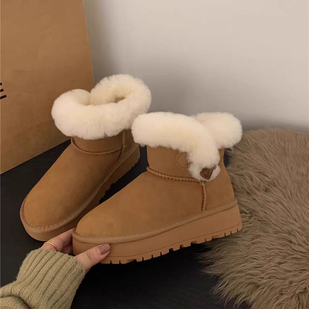 雪地靴女新款冬季厚底牛角扣羊皮皮毛一体加厚防滑增高加绒棉鞋女