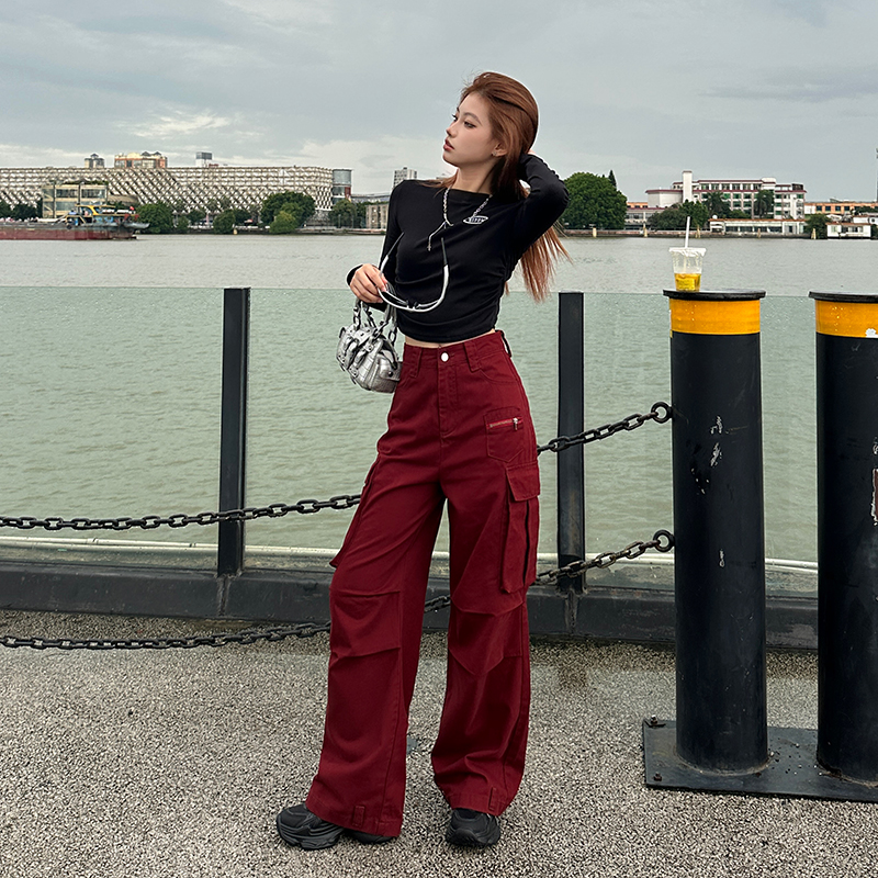 2026春美式辣妹褶皱多设计感工装裤女复古宽松拖地阔腿裤Y1013