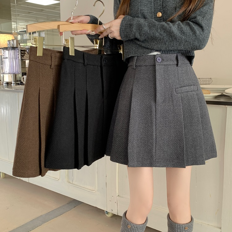 秋冬新款高腰加厚毛呢百褶半身裙女防走光裙子女装时尚A字短裙潮