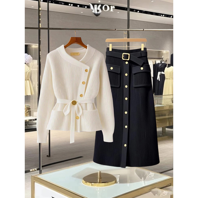 法式白色小香风针织衫女秋冬季高级感时尚减龄黑色半身裙两件套装