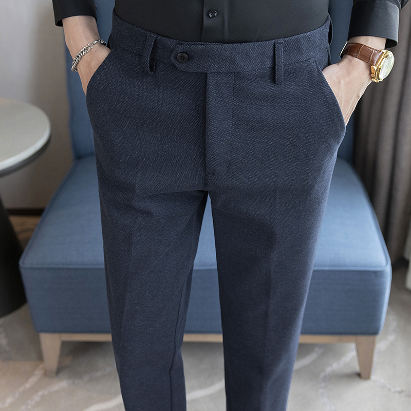 秋冬季高端藏青色羊毛呢西裤男士直筒修身商务正装加厚休闲裤英伦