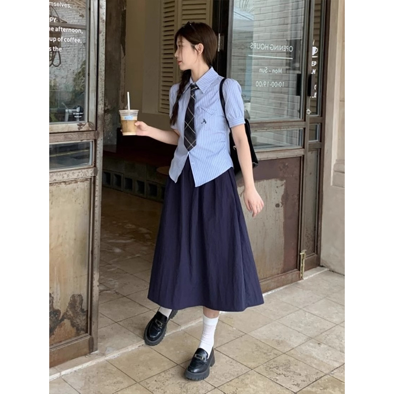 藏青色半身裙女夏季大码胖mm高腰遮胯中长款小个子显瘦a字裙伞裙