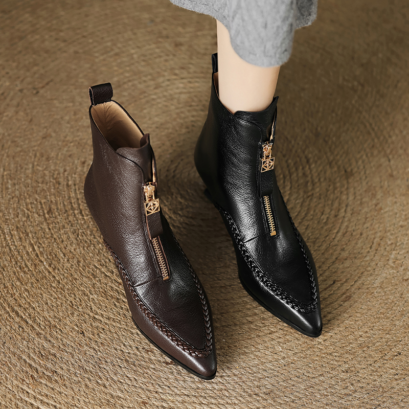 5CM前拉链尖头小短靴女百搭真皮高跟瘦瘦靴秋冬时尚通勤时装女靴