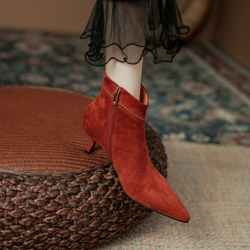 5CM秋冬时尚简约短筒靴韩版优雅气质尖头细跟侧拉链气质通勤裸靴