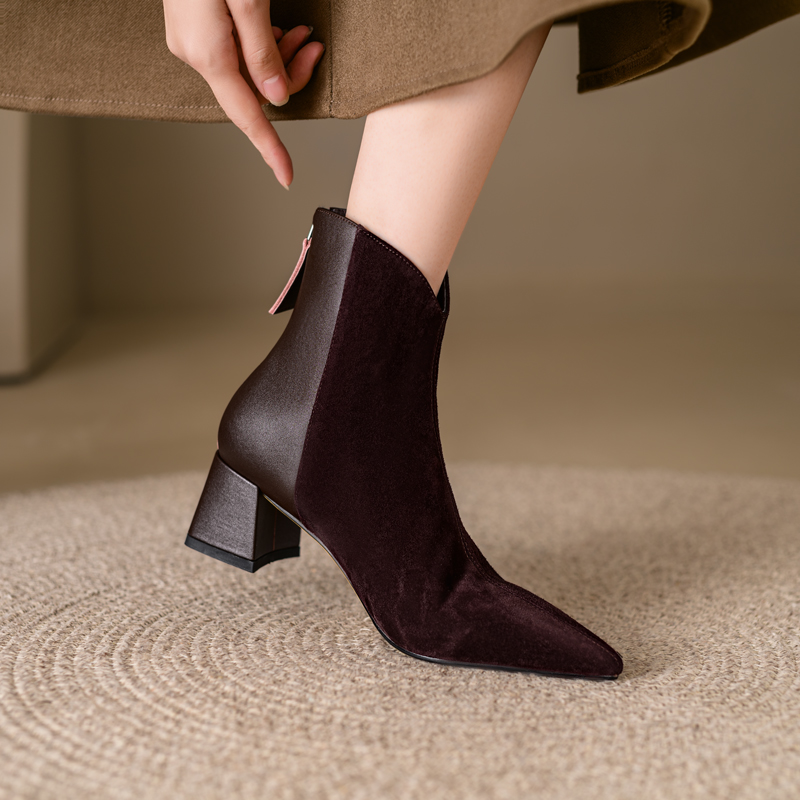 5.5CM 欧美时尚简约真皮短筒靴女黑色粗尖头拼接气质高跟及裸靴