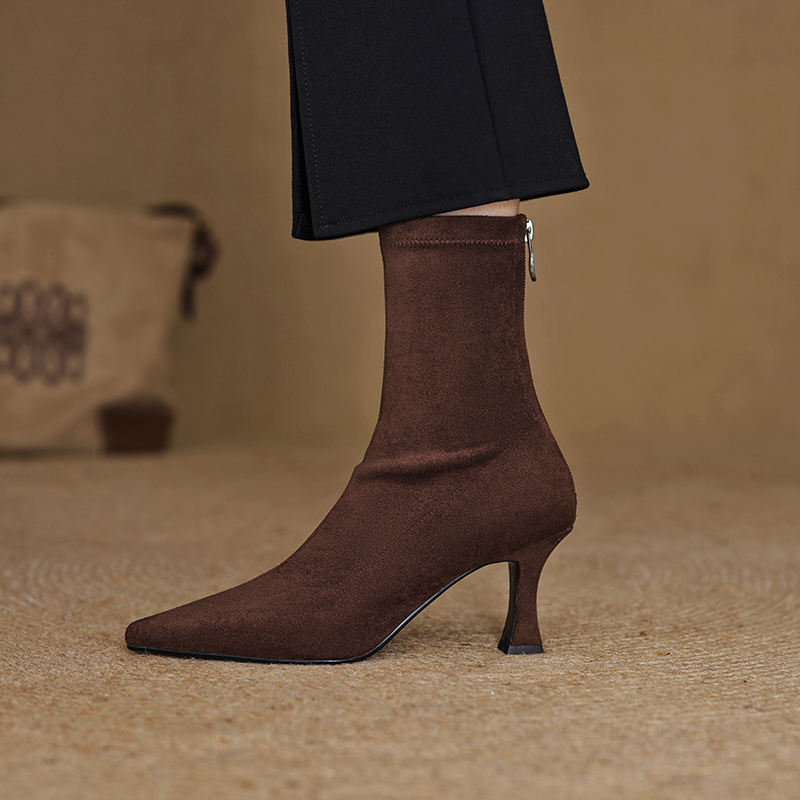 7.5CM韩版弹力瘦瘦靴百搭细跟性感袜靴时尚尖头显瘦高跟短靴棕色