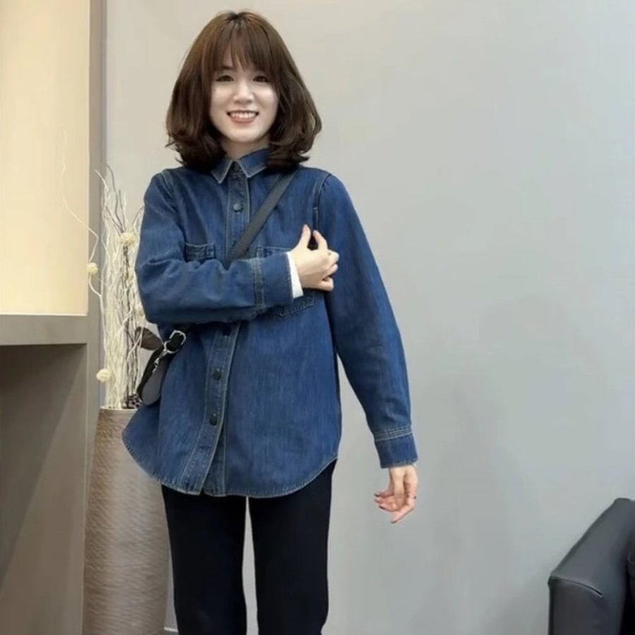 不卷边蓝色软牛仔衬衫女春季时尚内搭叠穿小个子衬衣法式复古上衣