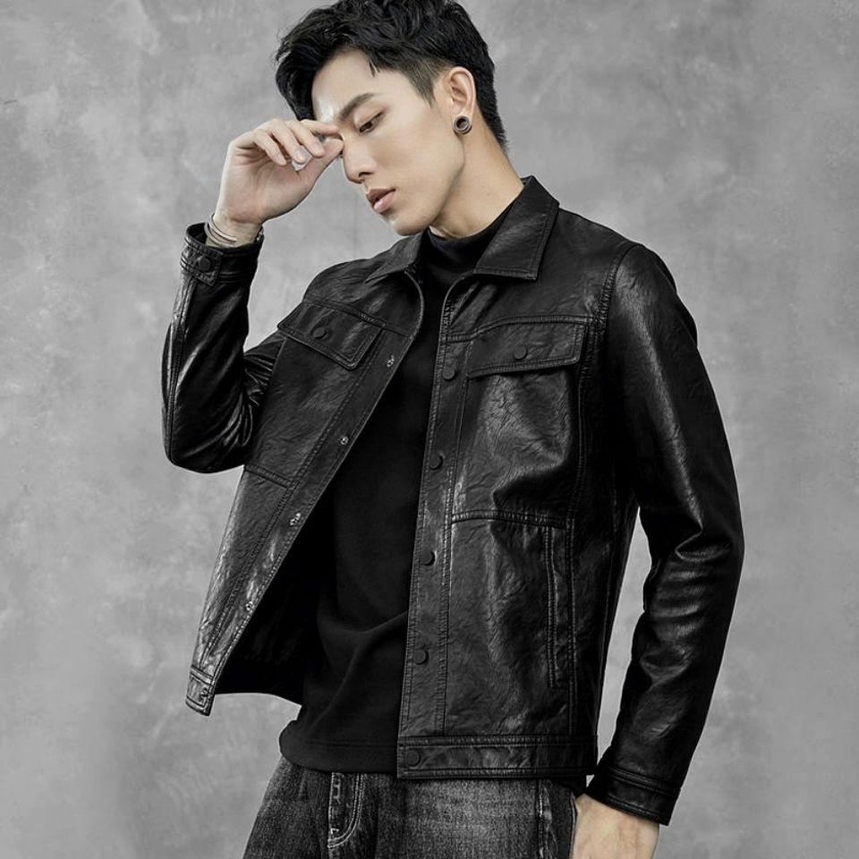 秋冬季新款皮衣男士外套潮流帅气短款加绒休闲韩版翻领皮夹克男装