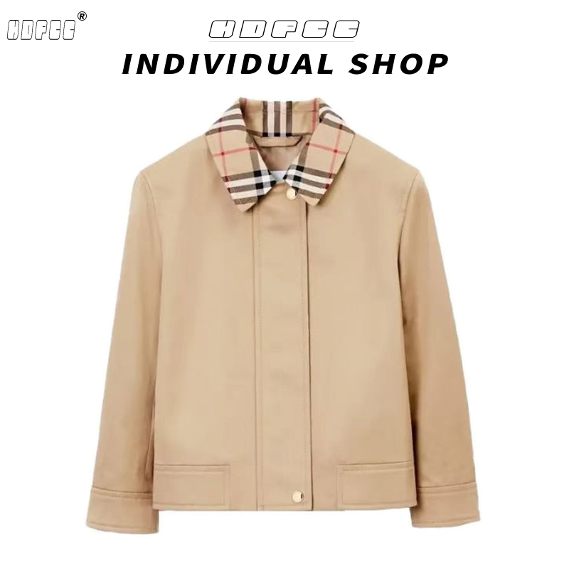 英伦风卡其色格子拼接翻领短款外套女春秋季新款甜酷短款百搭夹克