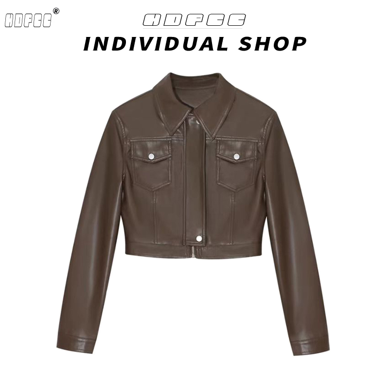 美拉德甜酷辣妹咖色短款皮衣外套女春秋季新款复古机车夹克上衣潮