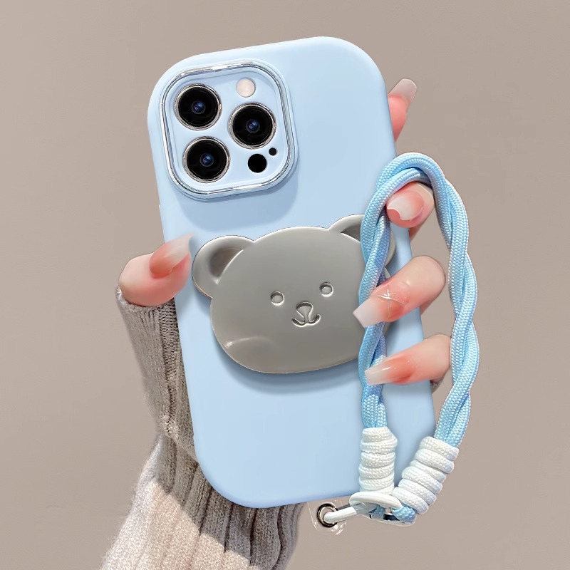 小熊镜子支架挂绳适用苹果16promax手机壳iPhone15pro可爱14p防摔