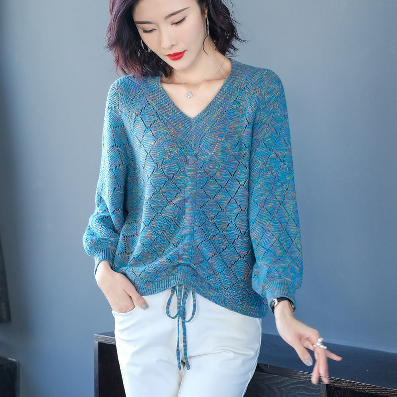 2024春秋新款韩版宽松V领镂空抽绳针织打底衫薄款纯色百搭上衣女