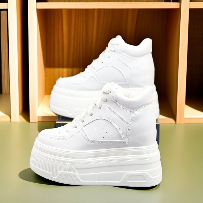 超高跟10、12CM皮面高帮鞋女秋季新款松糕厚底显瘦小个子内增高鞋