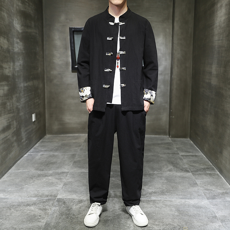 唐装亚麻套装中国风男装棉麻汉服复古装夹克宽松大尺码中式民族服