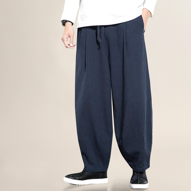 秋新款中式棉麻灯笼裤男复古宽松阔腿裤休闲罗卜裤棉麻直筒道服裤