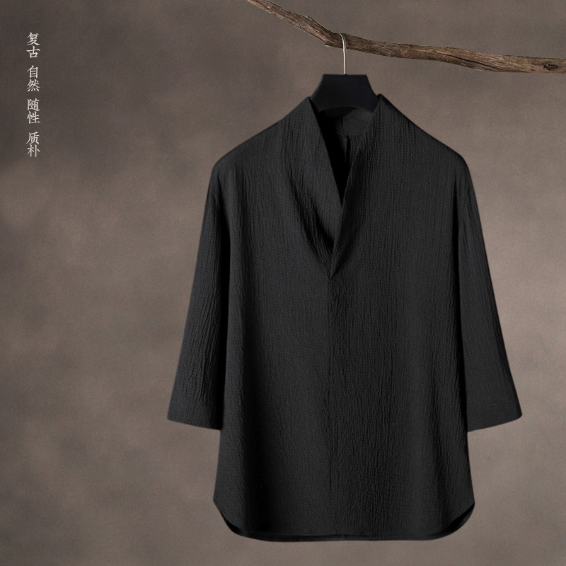 中国风男装夏季新款复古风冰丝T恤短袖男士上衣V领中式汉服七分袖