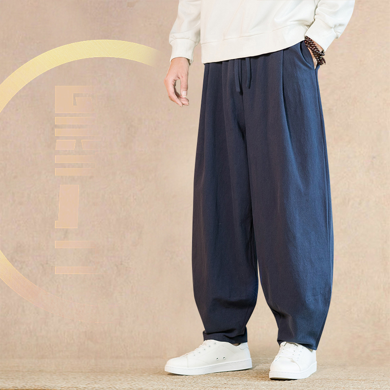 秋冬中式亚麻休闲裤阔腿裤中国风男士棉麻太极灯笼裤汉服裤道服裤