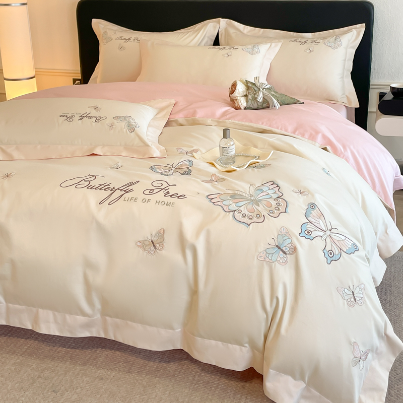 A类母婴女孩子级长绒棉四件套花蝴蝶棉刺绣被套纯棉床笠床上被套