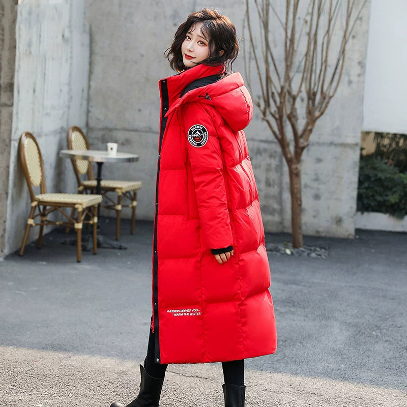 中长款过膝红色棉服女鼓舞队冬季新款显瘦时尚宽松加厚保暖外套