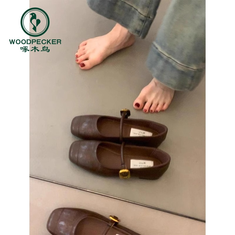 啄木鸟韩版百搭一字带单鞋女2025夏季新款法式复古玛丽珍鞋平底鞋