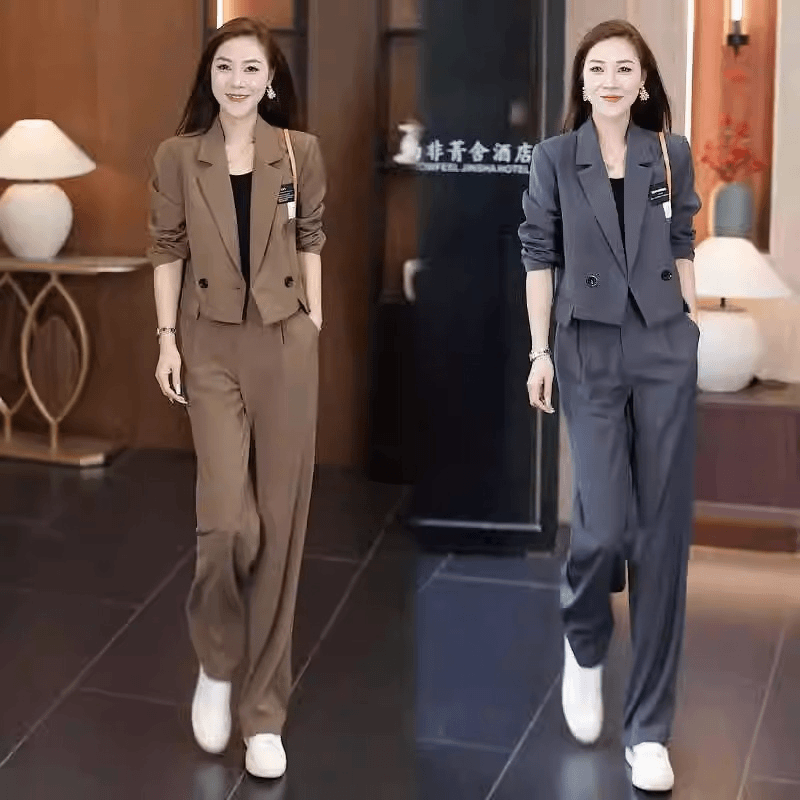 时尚西装套装女2024秋季新款高级感短款小西装外套阔腿裤两件套潮