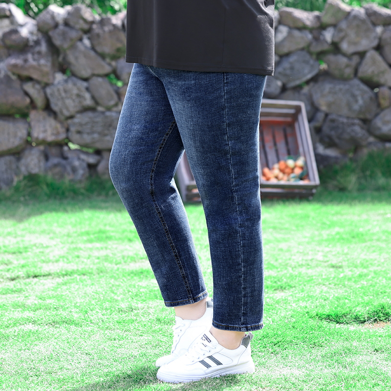 胖mm大码牛仔裤女高腰弹力微胖女生裤子新款休闲百搭显瘦小脚裤子