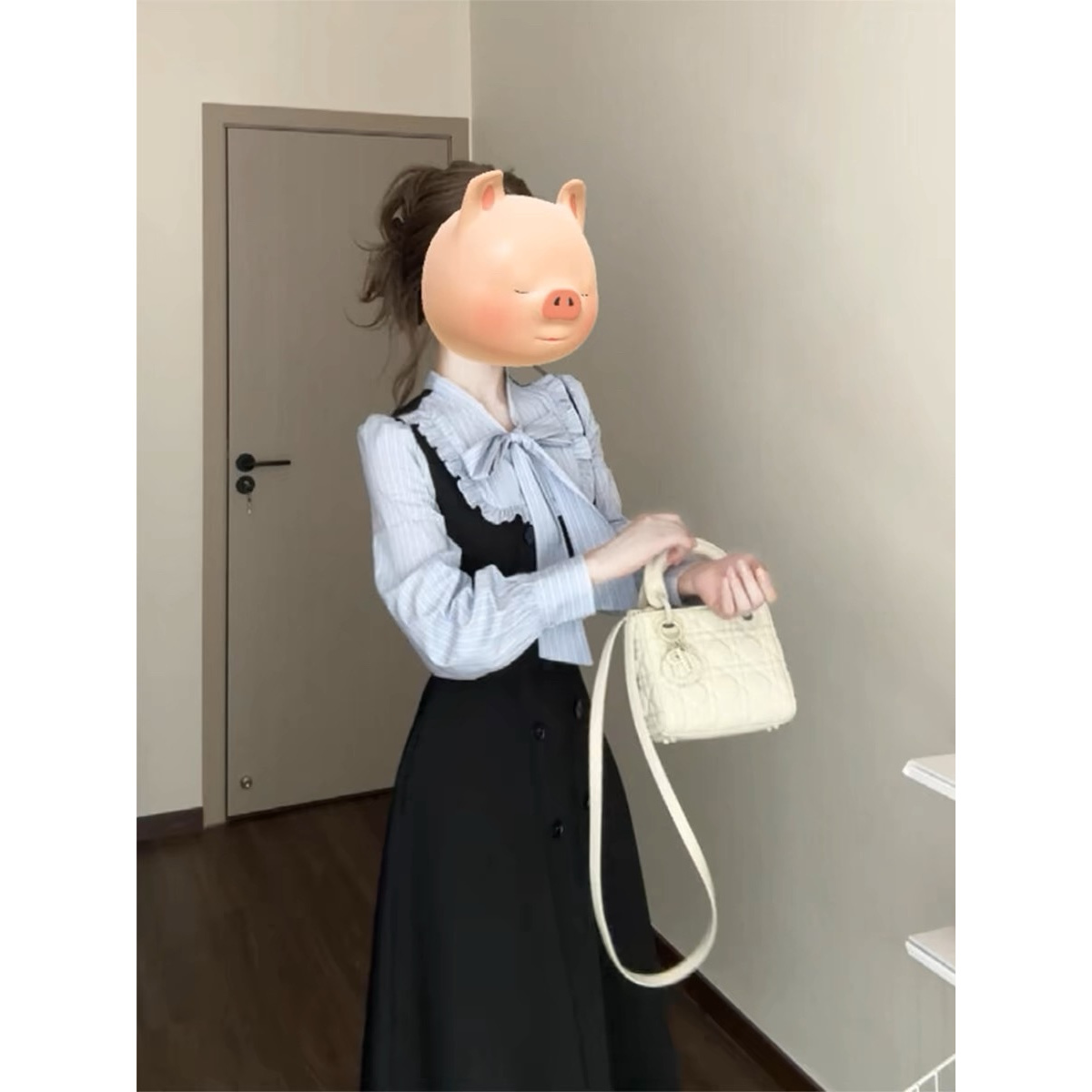 甜美蝴蝶结假两件连衣裙女秋季设计感公主裙学院小香风收腰长裙子