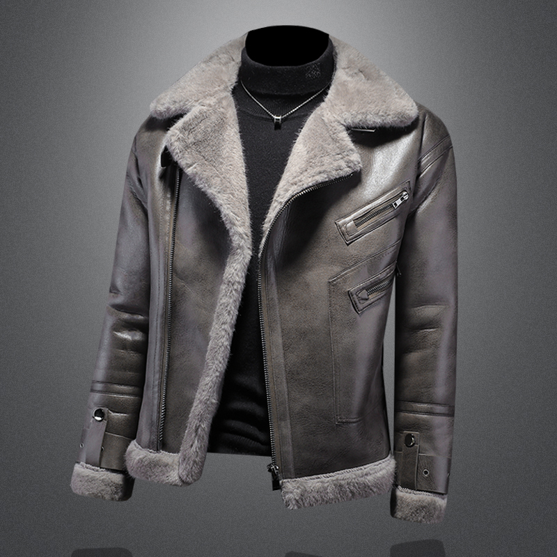 冬装重工外套男皮毛一体加绒加厚翻领机车夹克宽松潮牌男装