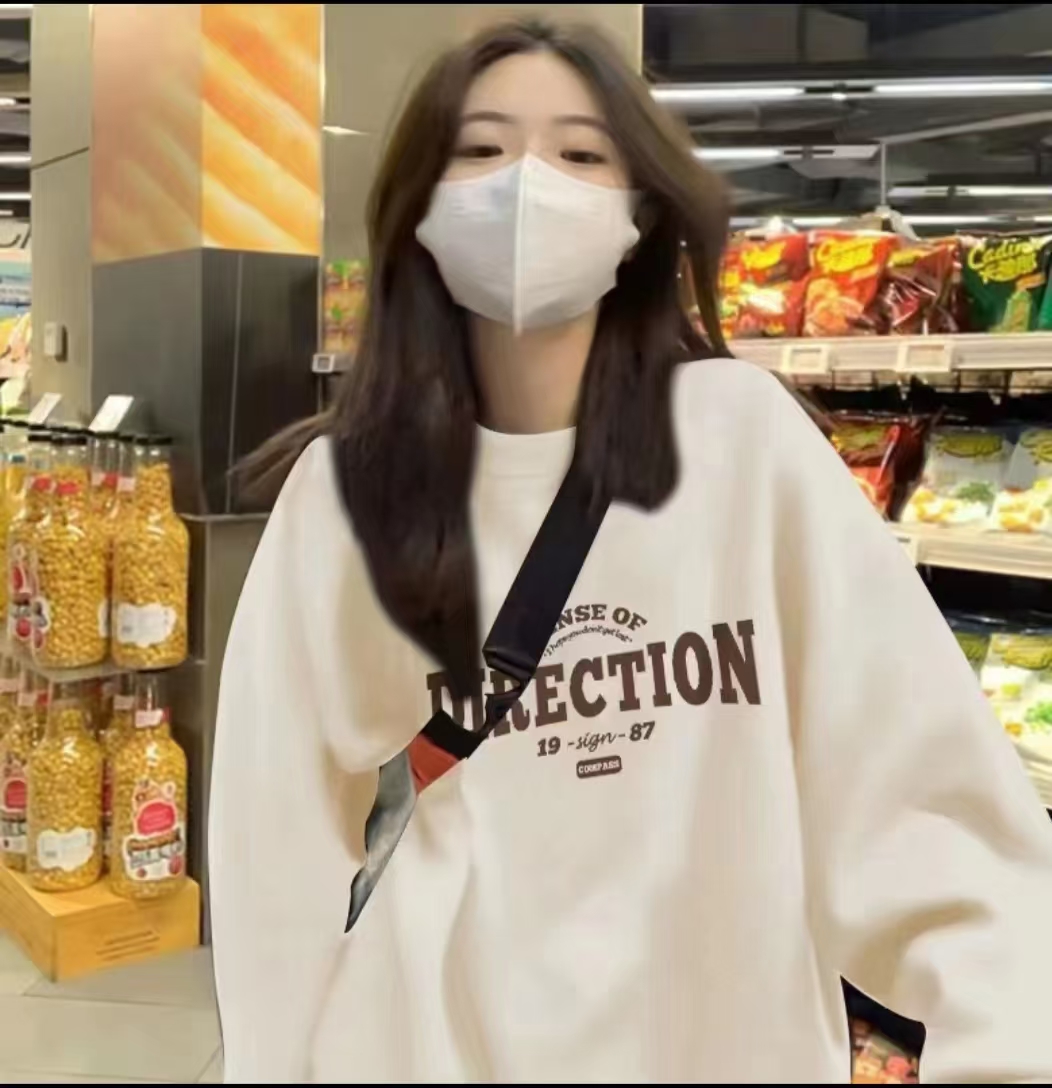 秋冬新款宽松上衣印花韩版加绒加厚情侣长袖卫衣小众设计感百搭