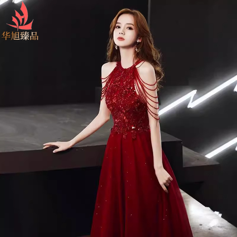 敬酒服新娘2025新款挂脖肩流苏结婚酒红色性感晚礼服网纱连衣dd