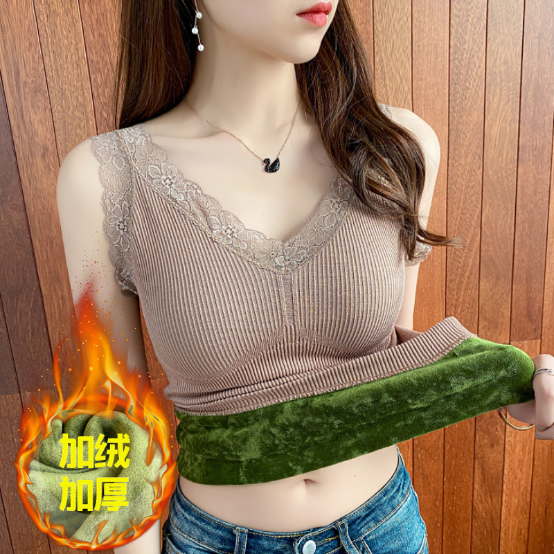 保暖加厚加绒背心女秋冬带胸垫蕾丝V领内搭吊带打底衫女上衣潮