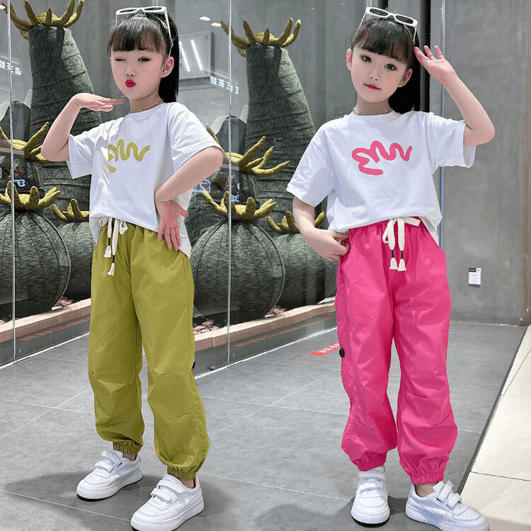 [ 甜酷夏款两件套]女孩套装甜美夏季印花通用中大童薄款宽松束脚