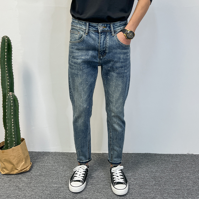 烫钻潮牌牛仔裤男2025春夏韩版修身小脚蓝色裤子水洗百搭品质九分