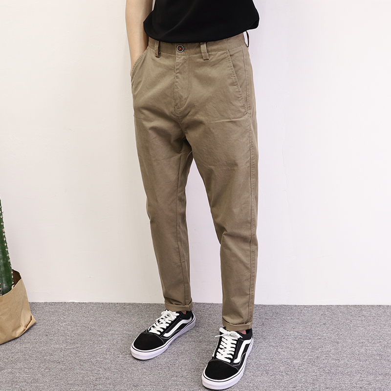 休闲裤简约九分男款咖啡工装纯色百搭韩版棉质春夏修身小脚裤弹性
