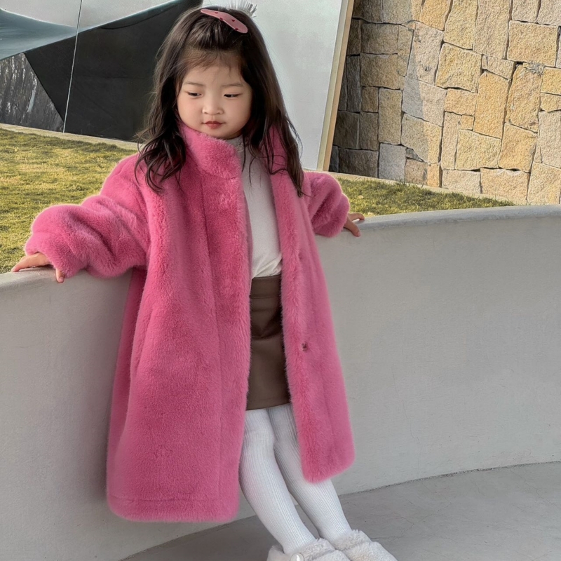 2025新款女童中长款环保水貂毛大衣儿童保暖毛毛外套女宝冬季洋气