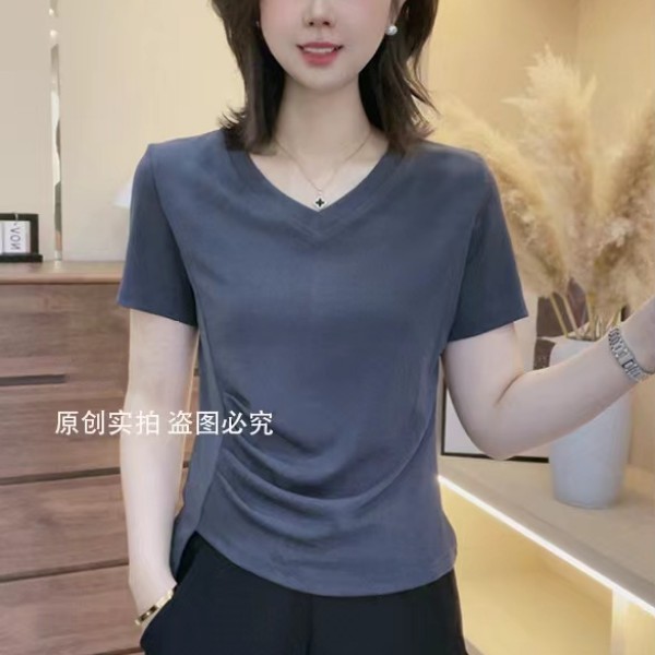 2025夏季新款V领短袖T恤不规则显瘦洋气遮肉款女士百搭上衣潮小衫