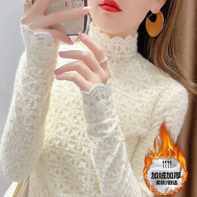 加绒冬季加厚新款蕾丝打底衫女高领内搭修身显瘦洋气保暖百搭上衣