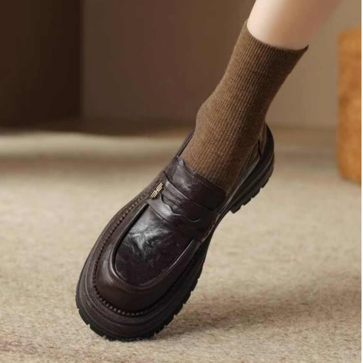 法式软牛皮厚底单鞋女2025春秋季新款英伦风黑色真皮一脚蹬乐福鞋