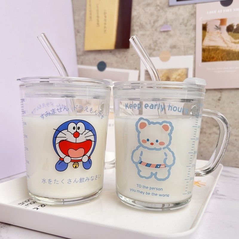 ins吸管杯可爱学生水杯家用儿童早餐牛奶杯带刻度带把手玻璃杯子