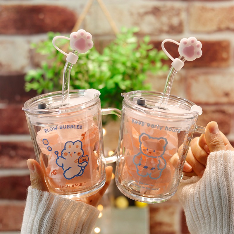 ins玻璃杯子高颜值小清新透明杯子手柄水杯吸管式家用刻度牛奶杯