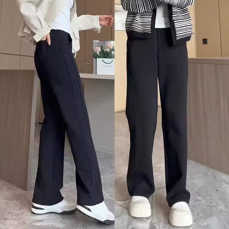 黑色窄版直筒裤女秋冬新款高腰宽松显瘦垂感小个子大码休闲加绒裤