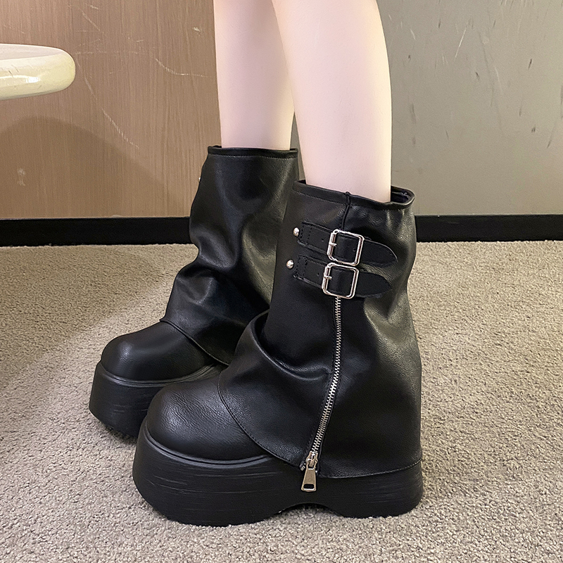 超火短靴女春秋单靴厚底堆堆靴瘦瘦裤管靴2025新款爆款增高马丁靴
