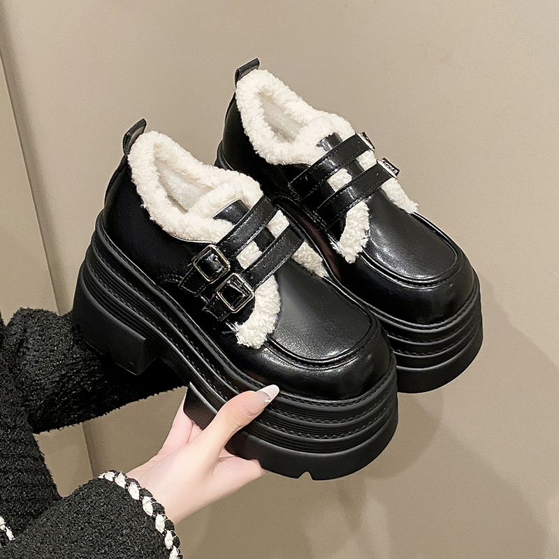 10cm超厚底乐福鞋女2025新款爆秋冬增高保暖棉鞋加绒英伦风小皮鞋