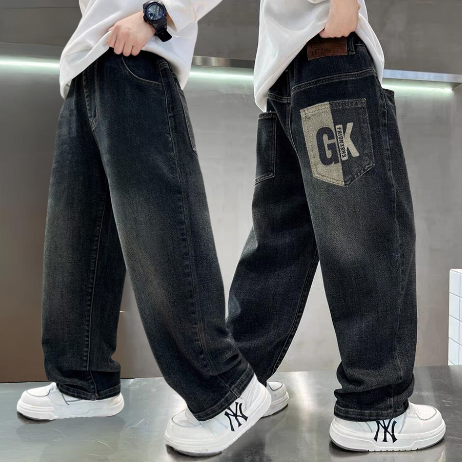 男孩牛仔裤秋冬款休闲百搭中大童新款痞帅复古深色潮流软牛仔长裤