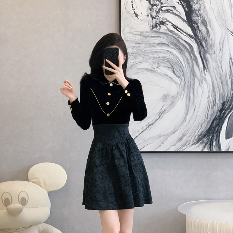 小香风法式收腰显瘦假两件连衣裙女秋冬装女神范名媛气质小黑裙子