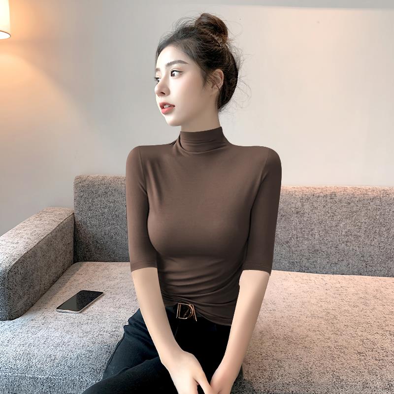 莫代尔高领中袖打底衫女2023年春夏秋新款七分袖修身内搭紧身上衣